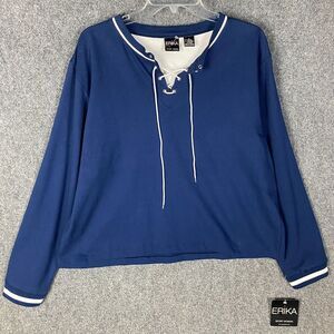 Erika Sport Top Women's‎ 1X Long Sleeve Navy Blue Cotton Blend NWD
